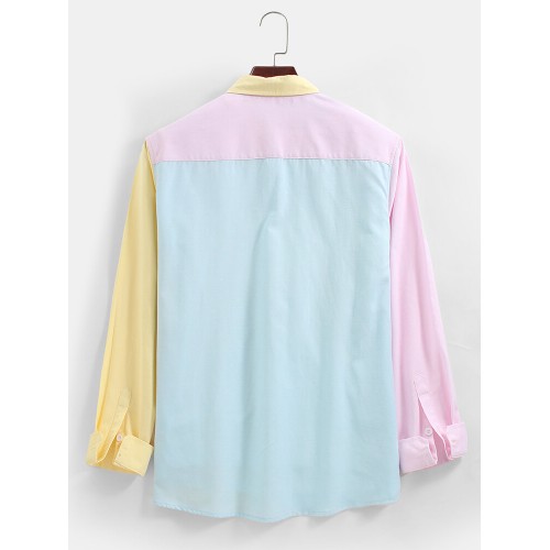 Mens Colorblock Patchwork Button Up Lapel Long Sleeve Shirts Mens Colorblock Patchwork Button Up Lapel Long Sleeve Shirts