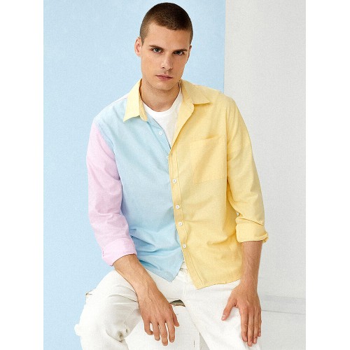 Mens Colorblock Patchwork Button Up Lapel Long Sleeve Shirts Mens Colorblock Patchwork Button Up Lapel Long Sleeve Shirts