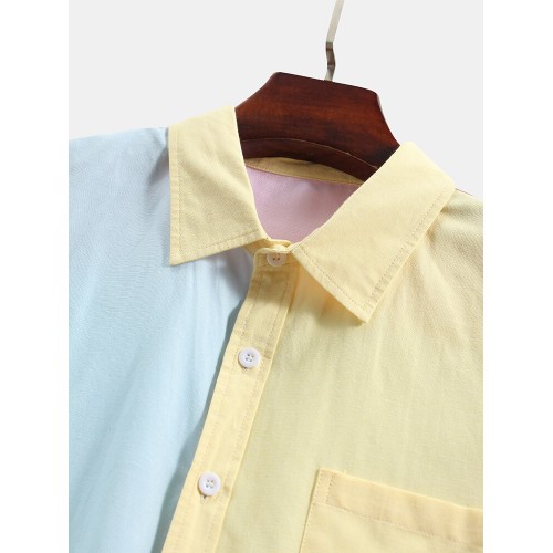 Mens Colorblock Patchwork Button Up Lapel Long Sleeve Shirts Mens Colorblock Patchwork Button Up Lapel Long Sleeve Shirts