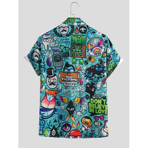 Mens Cartoon Graffiti Printed Turn Down Collar Short Sleeve Shirts Mens Cartoon Graffiti Printed Turn Down Collar Short Sleeve Shirts