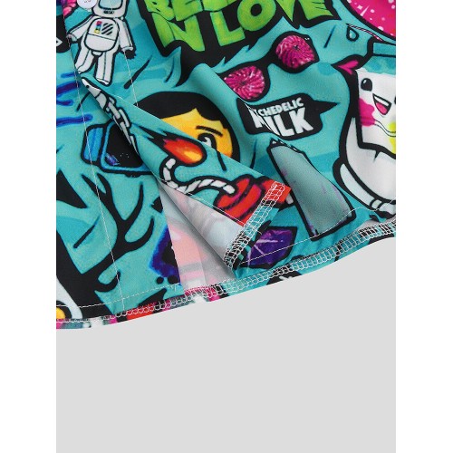 Mens Cartoon Graffiti Printed Turn Down Collar Short Sleeve Shirts Mens Cartoon Graffiti Printed Turn Down Collar Short Sleeve Shirts