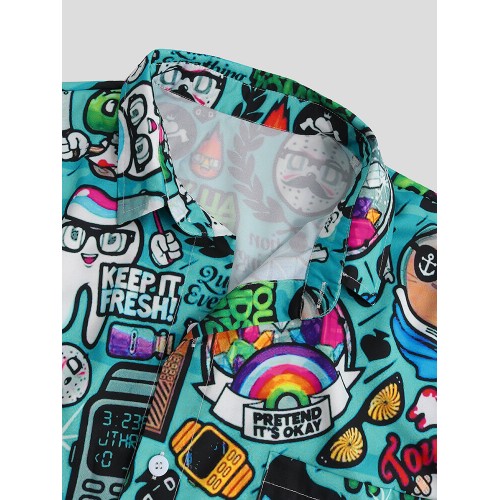 Mens Cartoon Graffiti Printed Turn Down Collar Short Sleeve Shirts Mens Cartoon Graffiti Printed Turn Down Collar Short Sleeve Shirts
