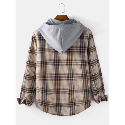 Mens Tartan Plaid Button Up Casual Long Sleeve Drawstring Hooded Shirts Mens Tartan Plaid Button Up Casual Long Sleeve Drawstring Hooded Shirts