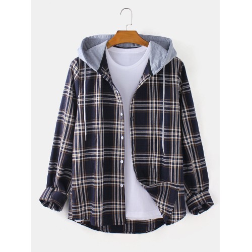 Mens Tartan Plaid Button Up Casual Long Sleeve Drawstring Hooded Shirts Mens Tartan Plaid Button Up Casual Long Sleeve Drawstring Hooded Shirts