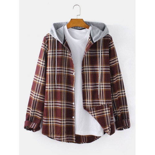 Mens Tartan Plaid Button Up Casual Long Sleeve Drawstring Hooded Shirts Mens Tartan Plaid Button Up Casual Long Sleeve Drawstring Hooded Shirts