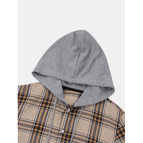 Mens Tartan Plaid Button Up Casual Long Sleeve Drawstring Hooded Shirts Mens Tartan Plaid Button Up Casual Long Sleeve Drawstring Hooded Shirts