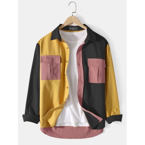 Mens 100% Cotton Colorblock Patchwork Cargo Style Long Sleeve Shirts With Flap Pockets Mens 100% Cotton Colorblock Patchwork Cargo Style Long Sleeve Shirts With Flap Pockets
