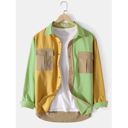 Mens 100% Cotton Colorblock Patchwork Cargo Style Long Sleeve Shirts With Flap Pockets Mens 100% Cotton Colorblock Patchwork Cargo Style Long Sleeve Shirts With Flap Pockets