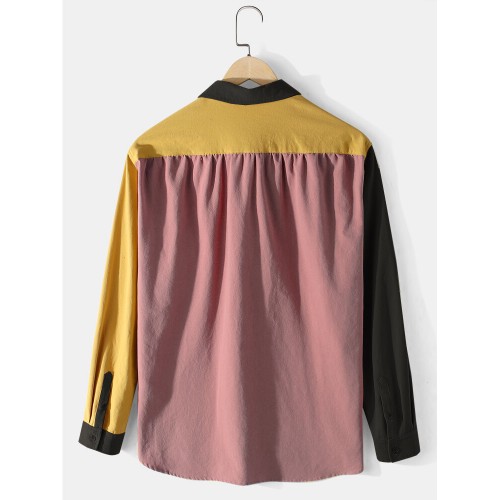 Mens 100% Cotton Colorblock Patchwork Cargo Style Long Sleeve Shirts With Flap Pockets Mens 100% Cotton Colorblock Patchwork Cargo Style Long Sleeve Shirts With Flap Pockets