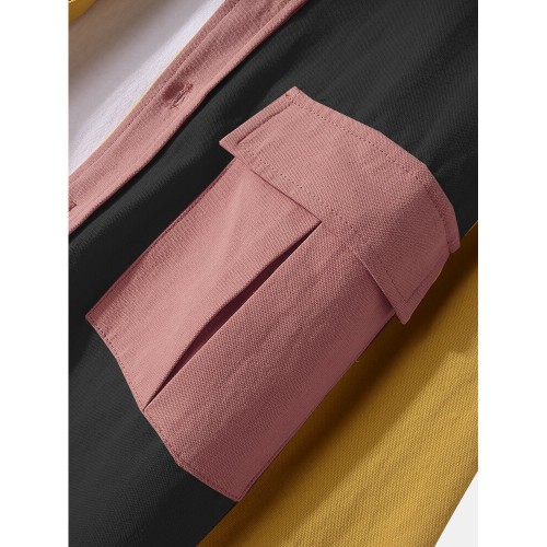 Mens 100% Cotton Colorblock Patchwork Cargo Style Long Sleeve Shirts With Flap Pockets Mens 100% Cotton Colorblock Patchwork Cargo Style Long Sleeve Shirts With Flap Pockets
