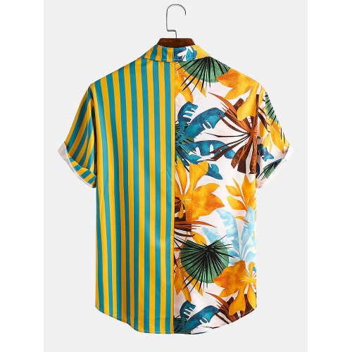 Men Plant & Leaf Striped Patchwork Casual Holiday Curved Hem Shirt Men Plant & Leaf Striped Patchwork Casual Holiday Curved Hem Shirt