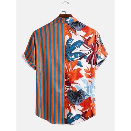 Men Plant & Leaf Striped Patchwork Casual Holiday Curved Hem Shirt Men Plant & Leaf Striped Patchwork Casual Holiday Curved Hem Shirt