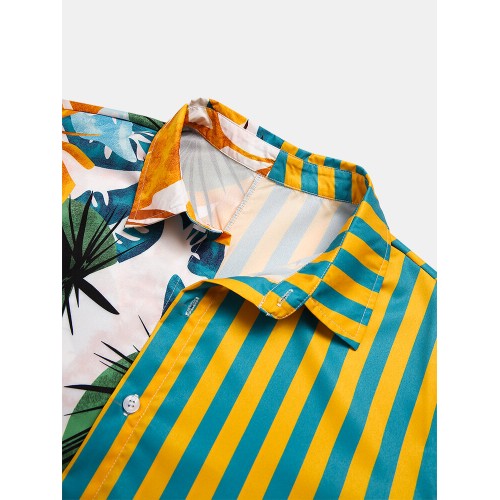 Men Plant & Leaf Striped Patchwork Casual Holiday Curved Hem Shirt Men Plant & Leaf Striped Patchwork Casual Holiday Curved Hem Shirt