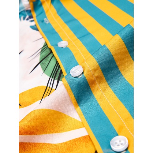 Men Plant & Leaf Striped Patchwork Casual Holiday Curved Hem Shirt Men Plant & Leaf Striped Patchwork Casual Holiday Curved Hem Shirt