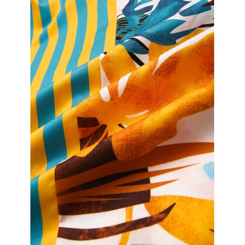 Men Plant & Leaf Striped Patchwork Casual Holiday Curved Hem Shirt Men Plant & Leaf Striped Patchwork Casual Holiday Curved Hem Shirt