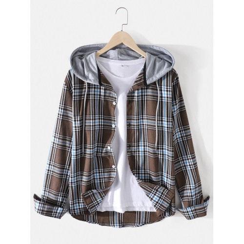Mens Plaid Button Up Long Sleeve Casual Drawstring Hooded Shirts Mens Plaid Button Up Long Sleeve Casual Drawstring Hooded Shirts
