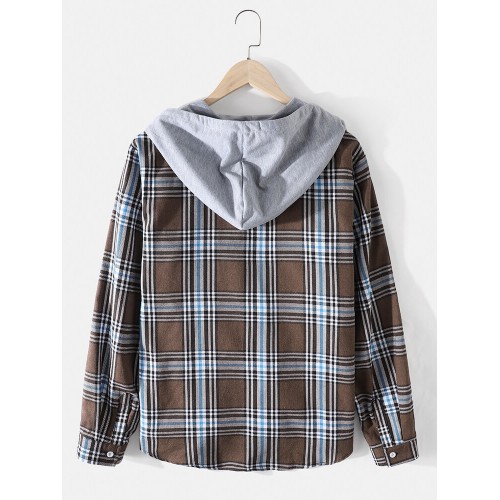 Mens Plaid Button Up Long Sleeve Casual Drawstring Hooded Shirts Mens Plaid Button Up Long Sleeve Casual Drawstring Hooded Shirts