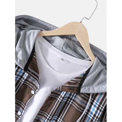 Mens Plaid Button Up Long Sleeve Casual Drawstring Hooded Shirts Mens Plaid Button Up Long Sleeve Casual Drawstring Hooded Shirts