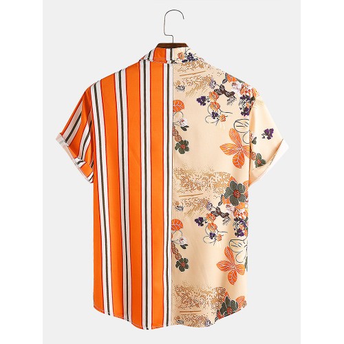 Men Landscape Painting Striped Patchwork Holiday Curved Hem Shirt Men Landscape Painting Striped Patchwork Holiday Curved Hem Shirt