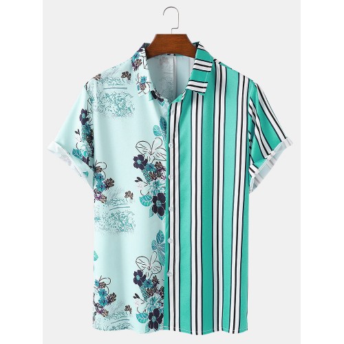 Men Landscape Painting Striped Patchwork Holiday Curved Hem Shirt Men Landscape Painting Striped Patchwork Holiday Curved Hem Shirt