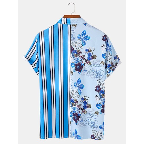 Men Landscape Painting Striped Patchwork Holiday Curved Hem Shirt Men Landscape Painting Striped Patchwork Holiday Curved Hem Shirt