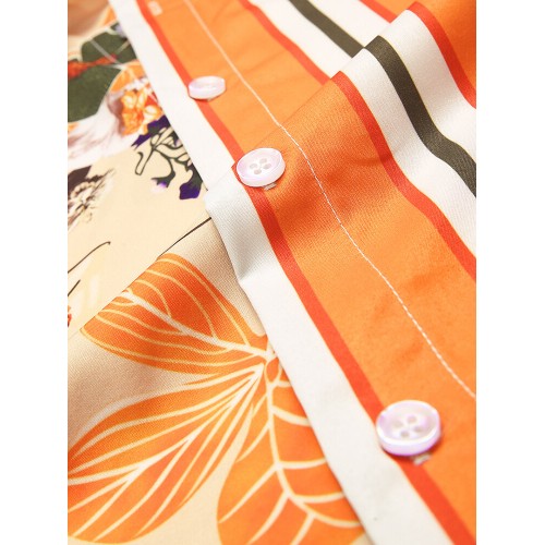 Men Landscape Painting Striped Patchwork Holiday Curved Hem Shirt Men Landscape Painting Striped Patchwork Holiday Curved Hem Shirt