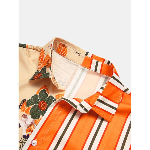 Men Landscape Painting Striped Patchwork Holiday Curved Hem Shirt Men Landscape Painting Striped Patchwork Holiday Curved Hem Shirt