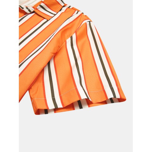 Men Landscape Painting Striped Patchwork Holiday Curved Hem Shirt Men Landscape Painting Striped Patchwork Holiday Curved Hem Shirt