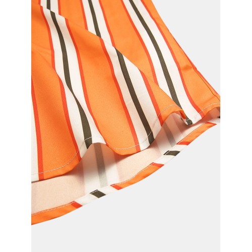 Men Landscape Painting Striped Patchwork Holiday Curved Hem Shirt Men Landscape Painting Striped Patchwork Holiday Curved Hem Shirt