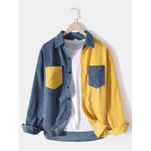 Mens Corduroy Color Block Patchwork Casual Long Sleeve Shirts With Pockets Mens Corduroy Color Block Patchwork Casual Long Sleeve Shirts With Pockets