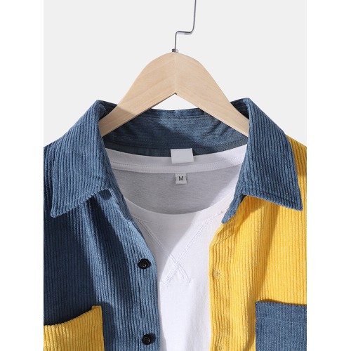 Mens Corduroy Color Block Patchwork Casual Long Sleeve Shirts With Pockets Mens Corduroy Color Block Patchwork Casual Long Sleeve Shirts With Pockets