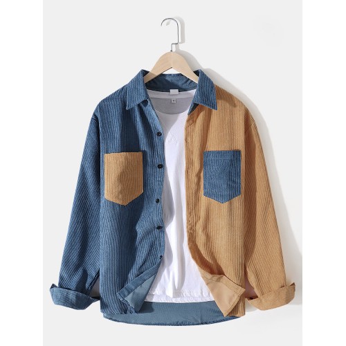 Mens Corduroy Color Block Patchwork Casual Long Sleeve Shirts With Pockets Mens Corduroy Color Block Patchwork Casual Long Sleeve Shirts With Pockets
