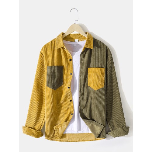 Mens Corduroy Color Block Patchwork Casual Long Sleeve Shirts With Pockets Mens Corduroy Color Block Patchwork Casual Long Sleeve Shirts With Pockets