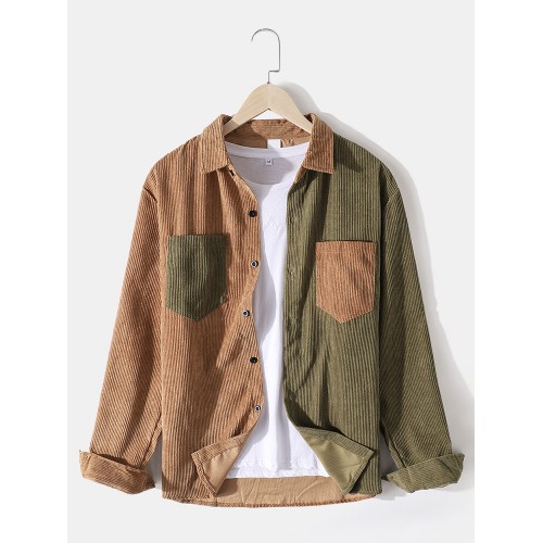 Mens Corduroy Color Block Patchwork Casual Long Sleeve Shirts With Pockets Mens Corduroy Color Block Patchwork Casual Long Sleeve Shirts With Pockets