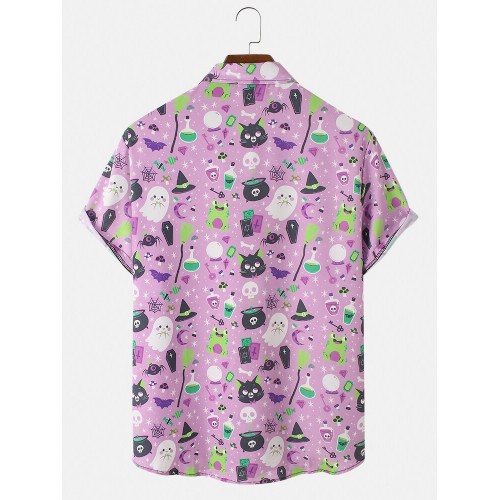 Men Fun Cartoon Halloween Printed Casual Curved Hem Shirt Men Fun Cartoon Halloween Printed Casual Curved Hem Shirt