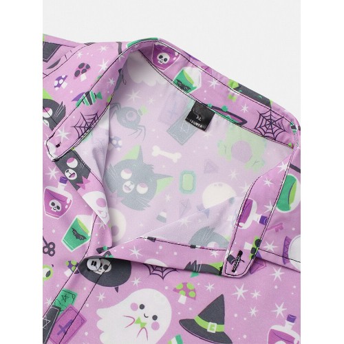 Men Fun Cartoon Halloween Printed Casual Curved Hem Shirt Men Fun Cartoon Halloween Printed Casual Curved Hem Shirt