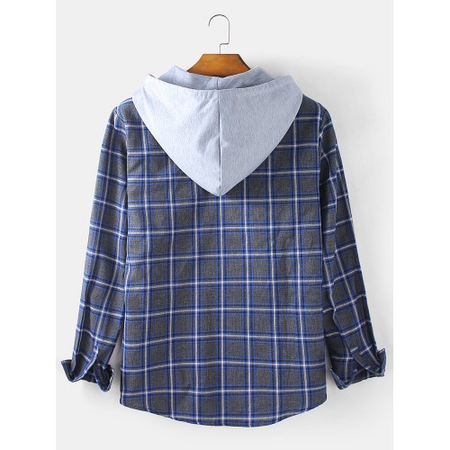 Mens Check Button Up Casual Long Sleeve Drawstring Hooded Shirts Mens Check Button Up Casual Long Sleeve Drawstring Hooded Shirts