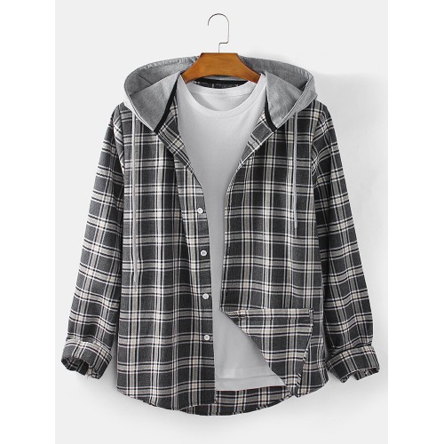 Mens Check Button Up Casual Long Sleeve Drawstring Hooded Shirts Mens Check Button Up Casual Long Sleeve Drawstring Hooded Shirts