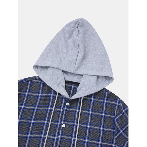 Mens Check Button Up Casual Long Sleeve Drawstring Hooded Shirts Mens Check Button Up Casual Long Sleeve Drawstring Hooded Shirts