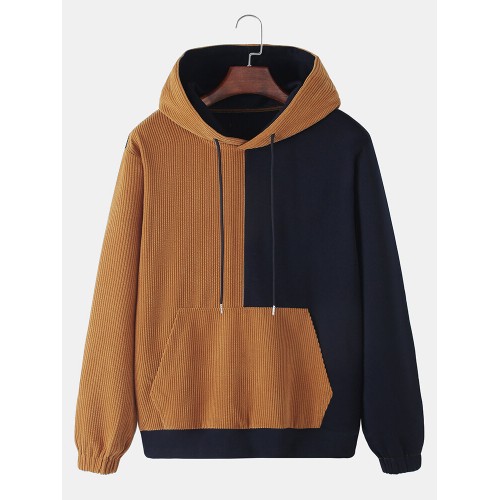 Mens Corduroy Contrast Patchwork Loose Kangaroo Pocket Drawstring Hoodies Mens Corduroy Contrast Patchwork Loose Kangaroo Pocket Drawstring Hoodies