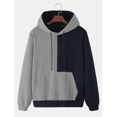 Mens Corduroy Contrast Patchwork Loose Kangaroo Pocket Drawstring Hoodies Mens Corduroy Contrast Patchwork Loose Kangaroo Pocket Drawstring Hoodies