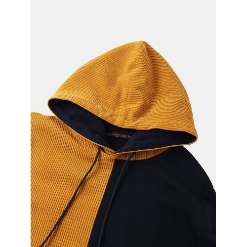 Mens Corduroy Contrast Patchwork Loose Kangaroo Pocket Drawstring Hoodies Mens Corduroy Contrast Patchwork Loose Kangaroo Pocket Drawstring Hoodies