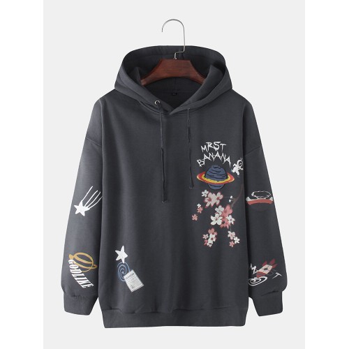 Mens Cartoon Planet Print Cotton Loose Casual Elastic Hem Pullover Hoodies Mens Cartoon Planet Print Cotton Loose Casual Elastic Hem Pullover Hoodies