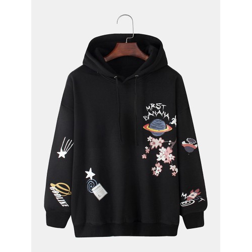 Mens Cartoon Planet Print Cotton Loose Casual Elastic Hem Pullover Hoodies Mens Cartoon Planet Print Cotton Loose Casual Elastic Hem Pullover Hoodies