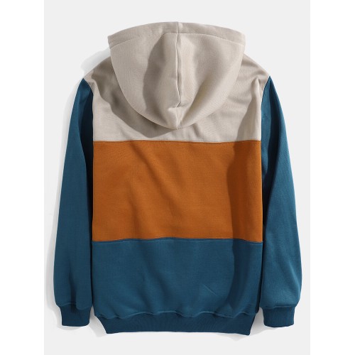 Mens Colorblock Patchwork Casual Pouch Pocket Drawstring Hoodies With Snap-Button Mens Colorblock Patchwork Casual Pouch Pocket Drawstring Hoodies With Snap-Button