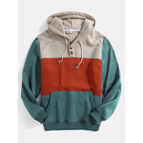 Mens Colorblock Patchwork Casual Pouch Pocket Drawstring Hoodies With Snap-Button Mens Colorblock Patchwork Casual Pouch Pocket Drawstring Hoodies With Snap-Button
