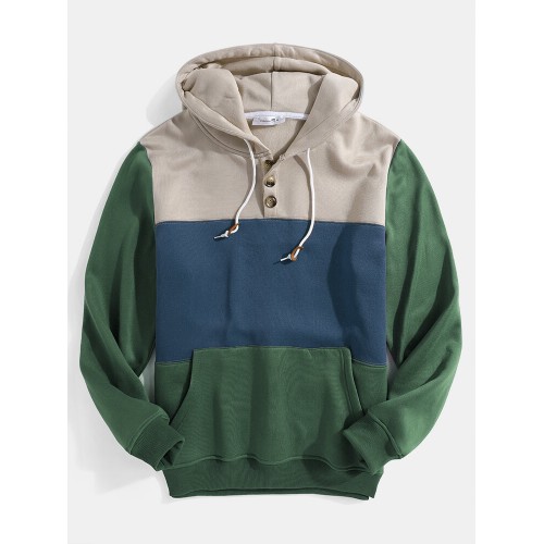 Mens Colorblock Patchwork Casual Pouch Pocket Drawstring Hoodies With Snap-Button Mens Colorblock Patchwork Casual Pouch Pocket Drawstring Hoodies With Snap-Button