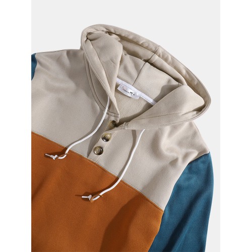 Mens Colorblock Patchwork Casual Pouch Pocket Drawstring Hoodies With Snap-Button Mens Colorblock Patchwork Casual Pouch Pocket Drawstring Hoodies With Snap-Button