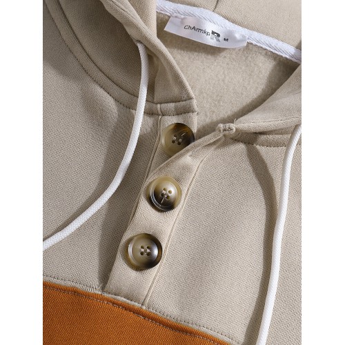 Mens Colorblock Patchwork Casual Pouch Pocket Drawstring Hoodies With Snap-Button Mens Colorblock Patchwork Casual Pouch Pocket Drawstring Hoodies With Snap-Button
