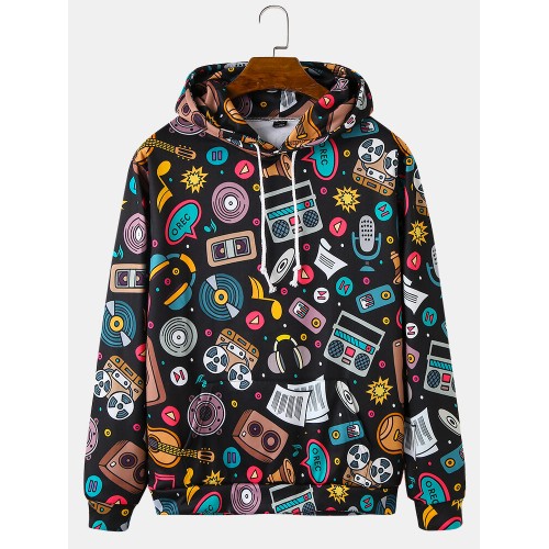 Mens Cartoon Music Pattern Print Relaxed Fit Drawstring Hoodies With Muff Pocket Mens Cartoon Music Pattern Print Relaxed Fit Drawstring Hoodies With Muff Pocket